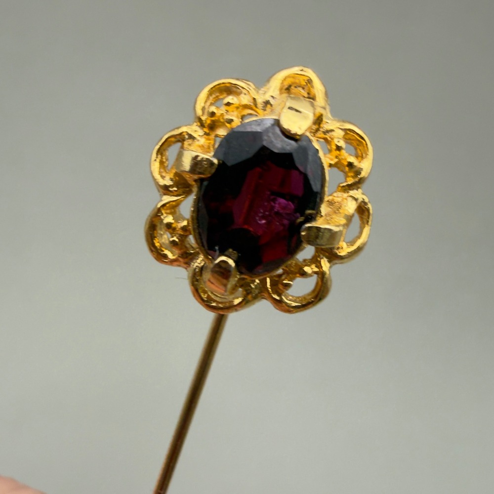 Vintage Garnett Stick Pin Flower Gold Tone Floral Lapel Hat Pin 2.5 Inch